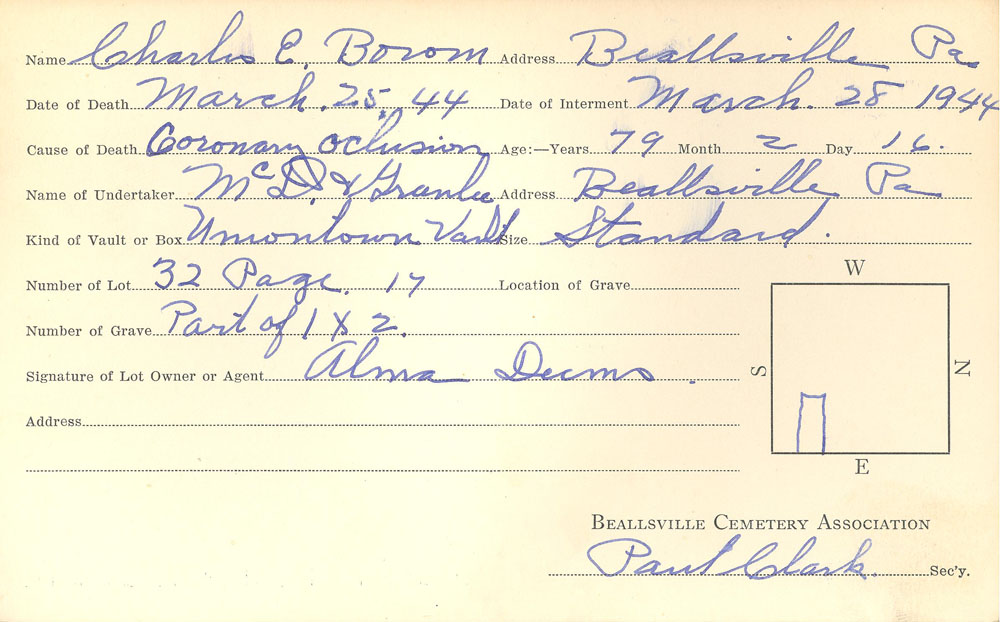 Charles E. Borom burial card